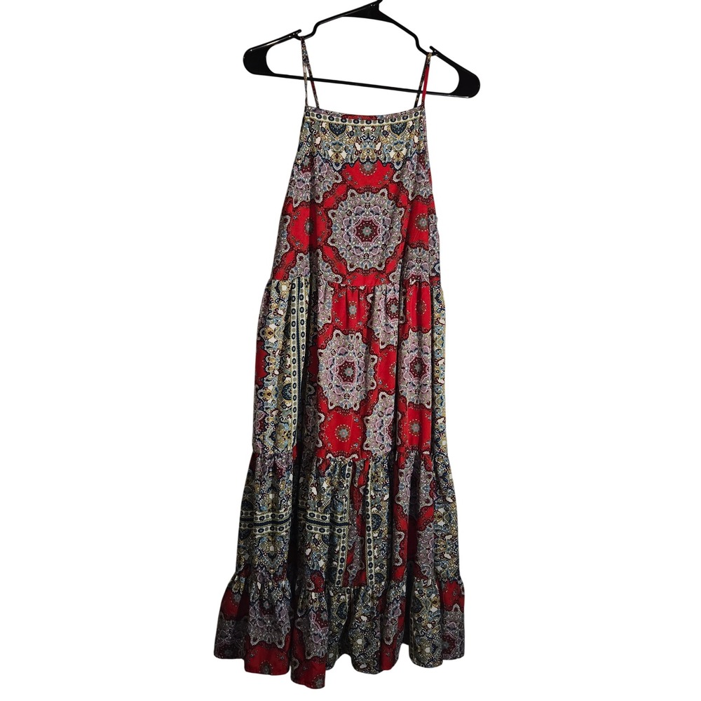 BOG Collective Red Paisley Boho Tiered Maxi Dress L Spaghetti Strap Lace Up Back